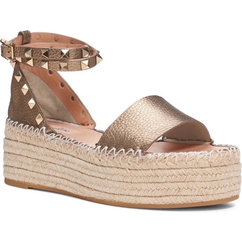 VALENTINO GARAVANI Rockstud Gold Ankle Strap Espadrille Sandal Shoes